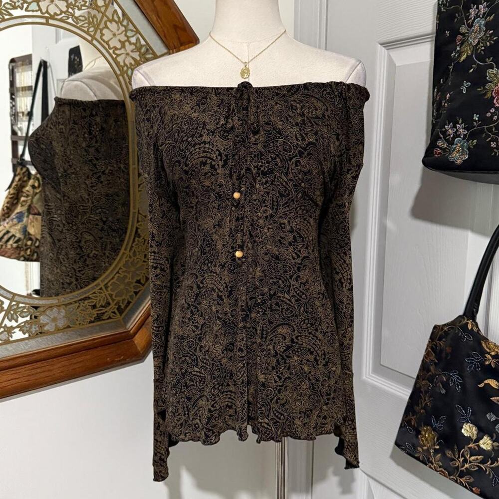 VTG Y2K Dressbarn Black & Gold Paisley Pattern Long Bell Sleeve Drawstring Top